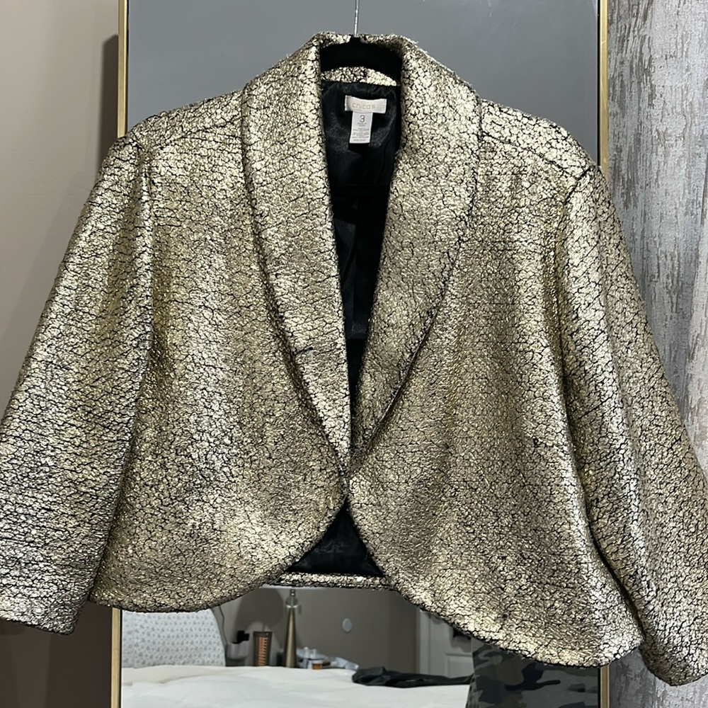 Chico’s Gold Metallic Dress Open Bolero Jacket 3/XL